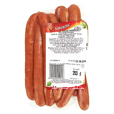 A 350g vacuum-sealed pack of Sokolow Small Silesian Sausage with a white label featuring ingredients and nutrition info. This traditional Polish sausage is famous for its rich, smoky flavor.