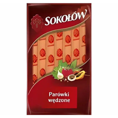 A 650g pack of Sokolow Smoked Frankfurter Sausages, made from pork and poultry, with herbs, onion, and sauce pictured on the front.