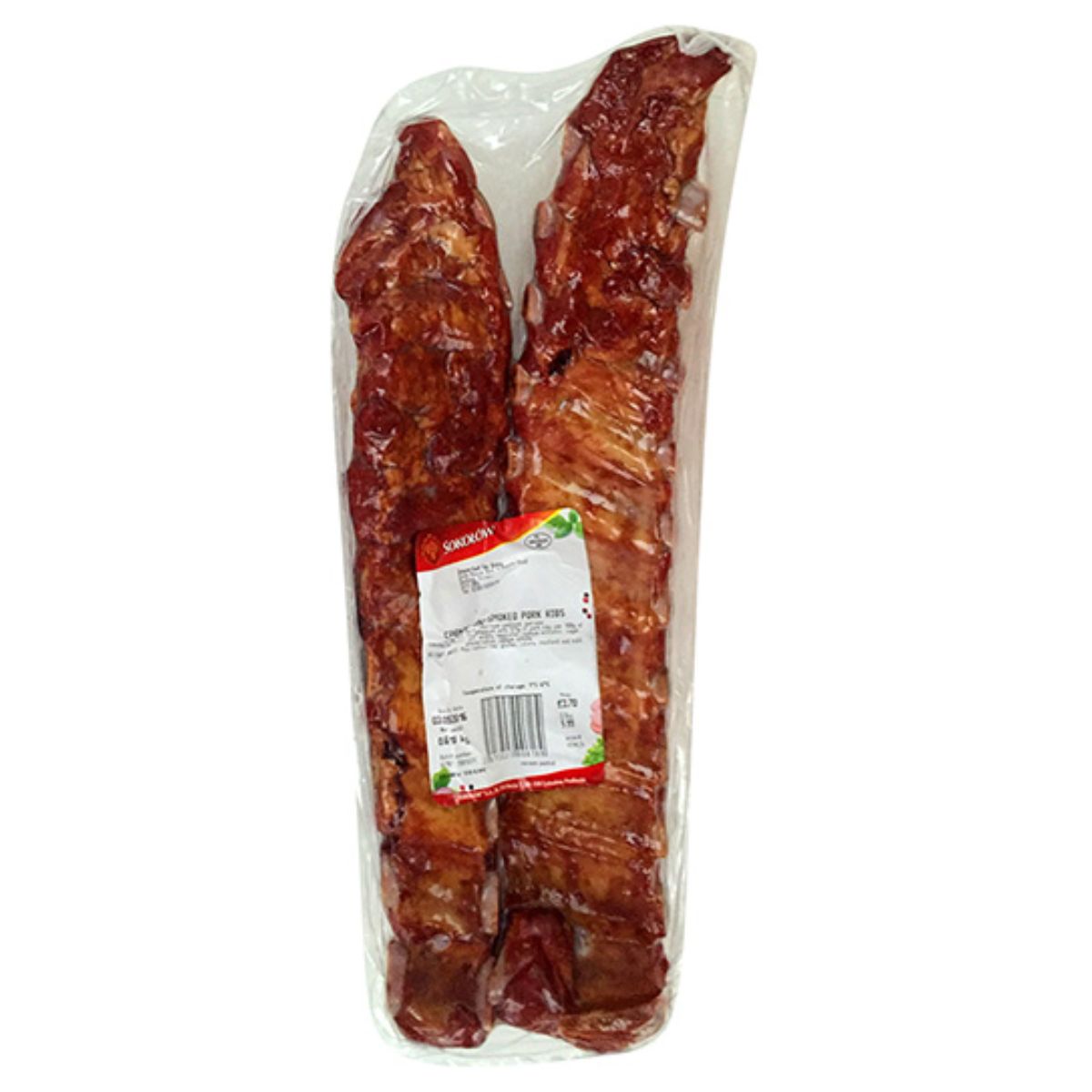 Packaged Sokolow - Smoked Pork Ribs - (Weight Varies) sealed in clear plastic, featuring a label with product information and barcode.