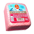 Sokolow Tyrolska (Pork) Mini Block is a 500g ham sausage made from finely minced pork, poultry, and beef, wrapped in a pink inedible casing with a blue and red label showing product details.