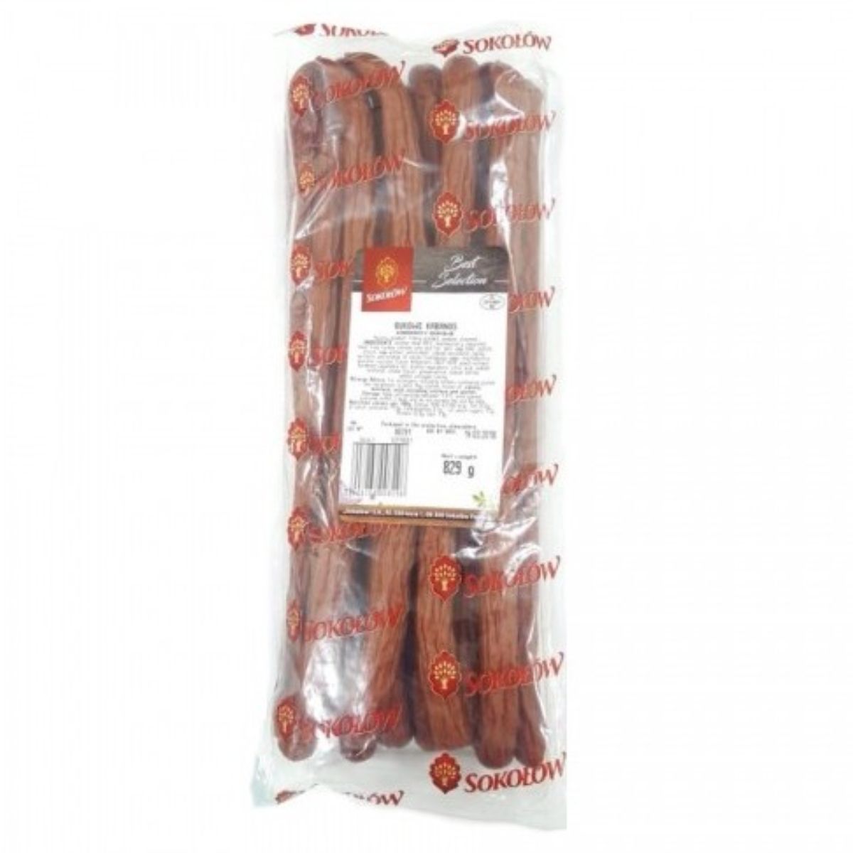 A plastic package of Sokolow Bukowe Kabanos (900g, Varies) sausages with a visible white label displaying text and product information.