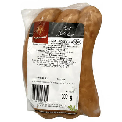 A 300g vacuum-sealed pack of Sokolow Silesian Sausages, made with smoked pork in natural casing, comes with a printed label detailing ingredients and nutritional information.