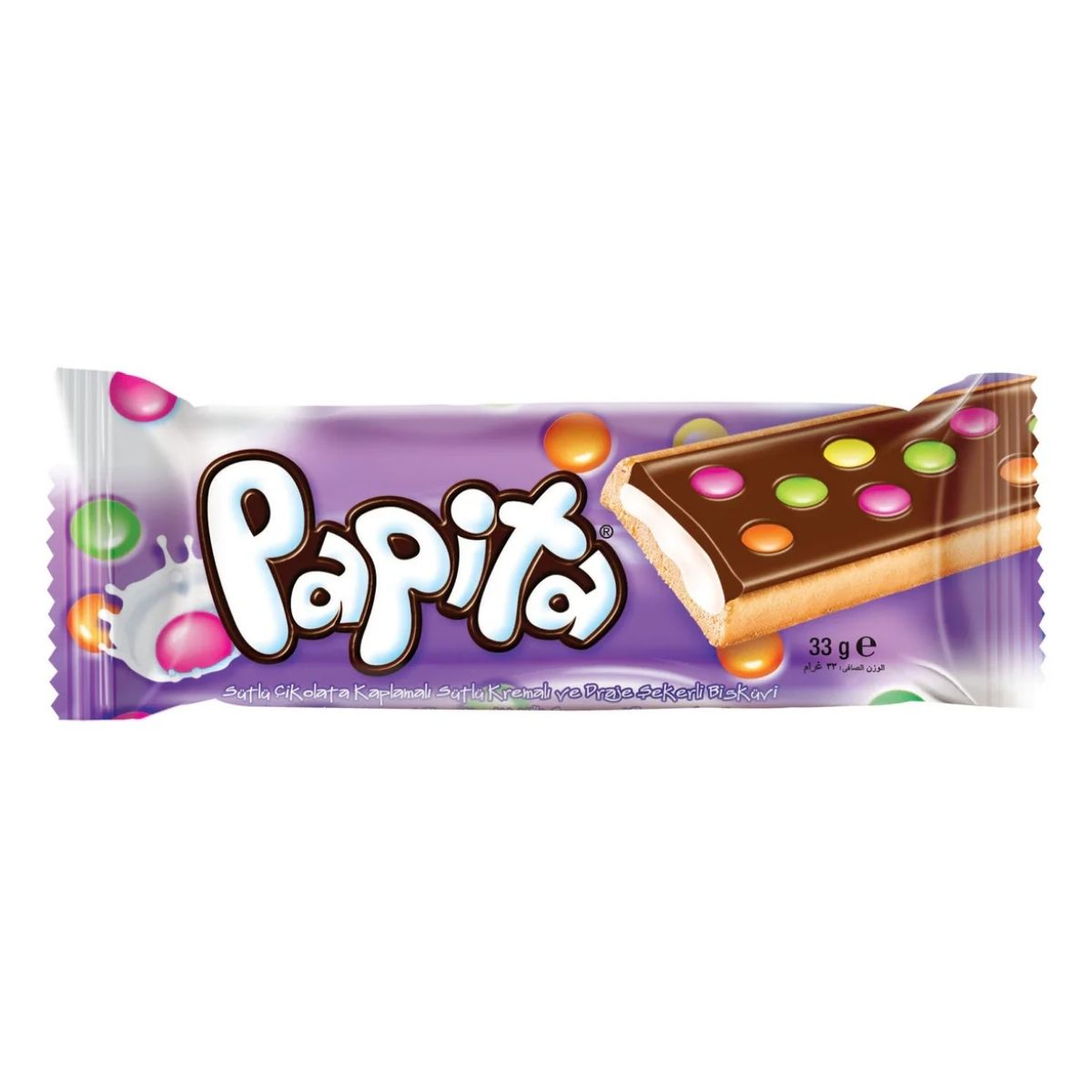 The Solen Papita package features vibrant dragee candies atop a chocolate-covered wafer, enveloped in milk chocolate and creamy milk filling.