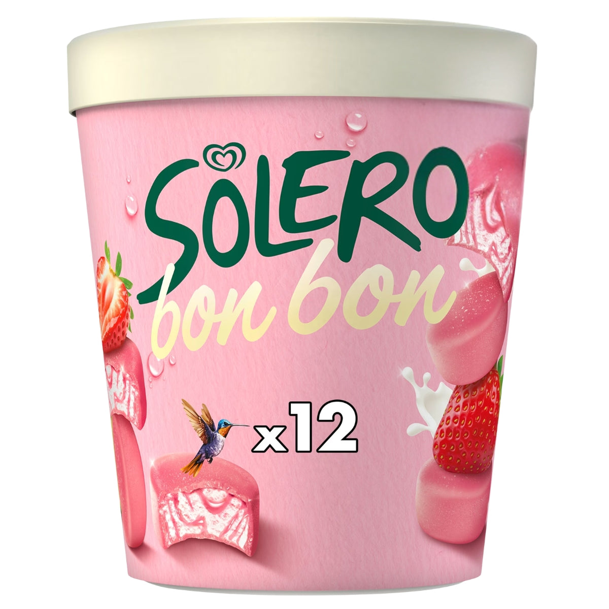 A pink container of Solero Bon Bon ice cream or frozen dessert with strawberry illustrations, a cream-colored lid, and the text 'Solero bon bon' and 'x12' on a white background.
