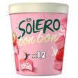 A pink container of Solero Bon Bon ice cream or frozen dessert with strawberry illustrations, a cream-colored lid, and the text 'Solero bon bon' and 'x12' on a white background.
