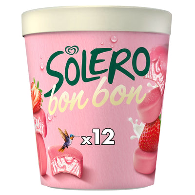 A pink container of Solero Bon Bon ice cream or frozen dessert with strawberry illustrations, a cream-colored lid, and the text 'Solero bon bon' and 'x12' on a white background.