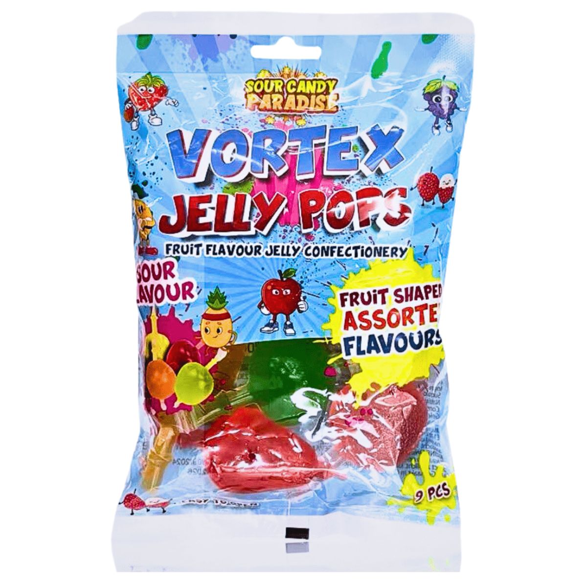 A package of Sour Candy Paradise - Vortex Jelly Pops Sour Flavour, weighing 315g, showcasing assorted fruit-shaped candies with a sour taste. The packaging is adorned with playful fruit characters and vibrant splashes of color.