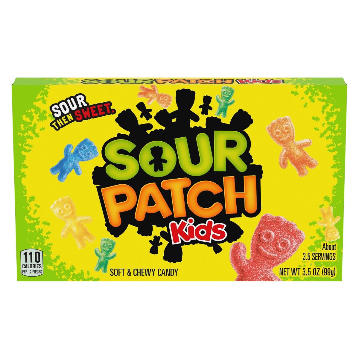 The Sour Patch Kids - Soft and Chewy Candy box offers colorful, chewy delights with the iconic "Sour Then Sweet" text. Enjoy 99g of tasty candy at only 110 calories per serving.