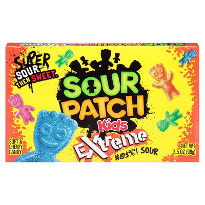 The Sour Patch Kids - Extreme Sour Sweets feature colorful gummies on a yellow background, with "Super Sour Then Sweet" and "Soft & Chewy Candy." Each unique treat weighs 99g (3.5 oz).