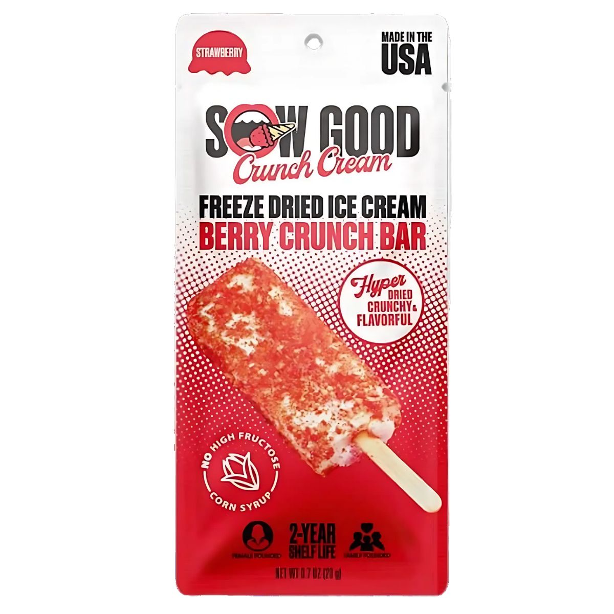 Packaging of Sow Good - Freeze Dried Crunch Cream Berry Crunch Bar, a strawberry-flavored ice cream with a 2-year shelf life. Text highlights the absence of high fructose corn syrup and its hyper-dried crunchy flavor.