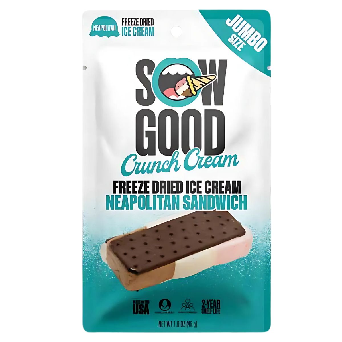 The packaging of the "Sow Good - Freeze Dried Jumbo Neapolitan Crunch Cream Sandwich - 45g" features a vibrant image of the product and includes details about its size, remarkable shelf life, and place of origin.