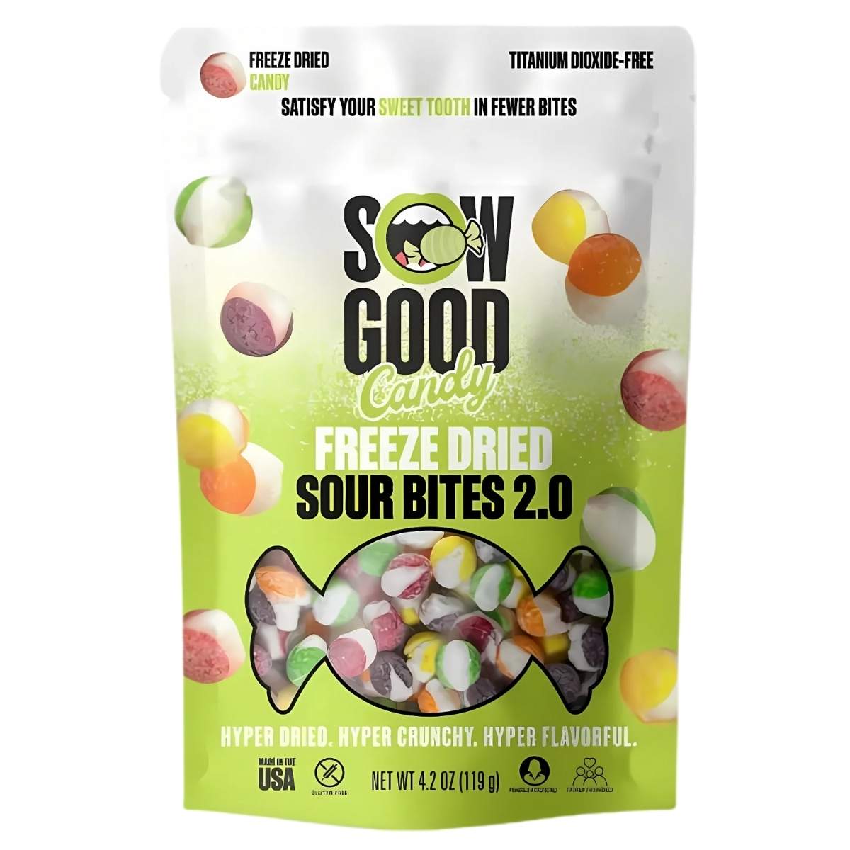 Sow Good - Freeze Dried Sour Bites 119g candy is packaged with highlights like "titanium dioxide-free" and promises to "satisfy your sweet tooth in fewer bites." It has a net weight of 4.2 oz (119 g) and is made in the USA.