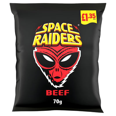 A 70g bag of Space Raiders Beef Crisps features the bold red alien face and a £1.35 price label—ideal for fans of classic beef-flavored snacks.