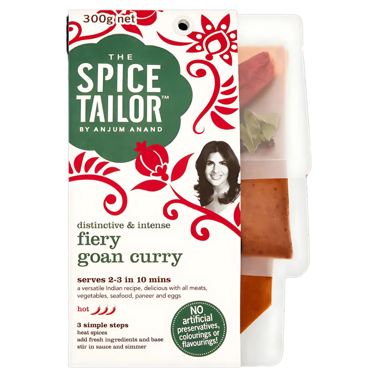 The Spice Tailor - Fiery Goan Curry Kit, featuring a red floral design on its packaging, highlights nutrition information and includes an image of the founder. This vegetarian dish offers bold flavors with a hot spice level, serving 2-3 people in just 10 minutes and contains 300g.