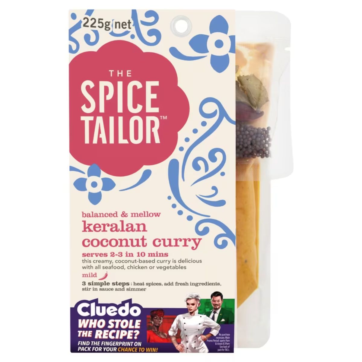 Spice Tailor's Keralan Coconut Curry Kit, serving 2-3 people at 225g, delivers an authentic homemade curry experience to your kitchen. Brimming with Indian spices, it comes with all the ingredients and preparation steps you need. Plus, check out the Cluedo game contest featured at the bottom!