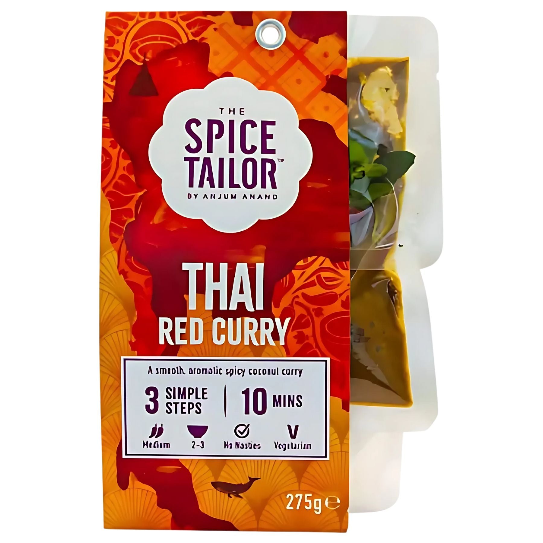 A Spice Tailor - Red Thai Curry Kit (Serves 2-3), 275g, medium heat and vegetarian, cooks in 10 minutes. The vibrant orange-red packaging highlights the rich Thai curry sauce with a glimpse of the curry pouch visible.