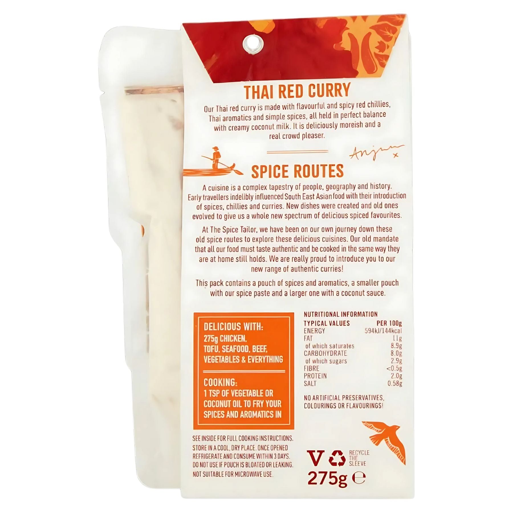 Back of Spice Tailor - Red Thai Curry Kit (Serves 2-3) 275g packet showing product description, serving suggestions, nutritional info, and recycling symbols for this authentic Thai curry kit.