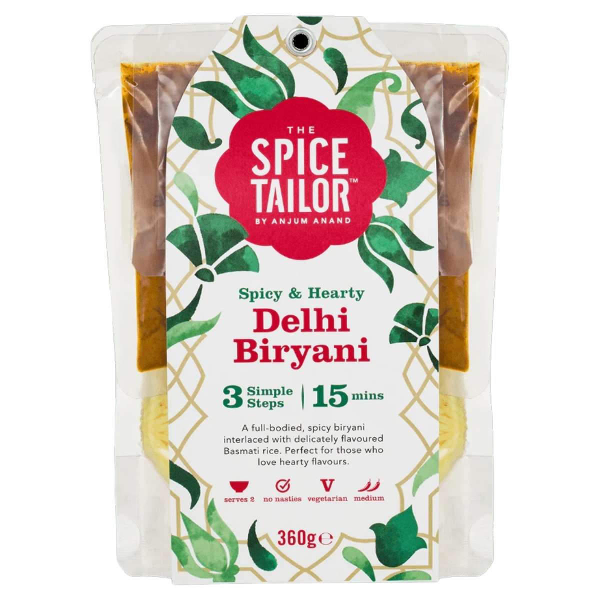 The packaging of the "Spice Tailor - Delhi Biryani Kit with Rice (Serves 2) - 360g" highlights it as a spicy, aromatic biryani full of rich spices. Experience its hearty flavor in just three easy steps and 15 minutes.