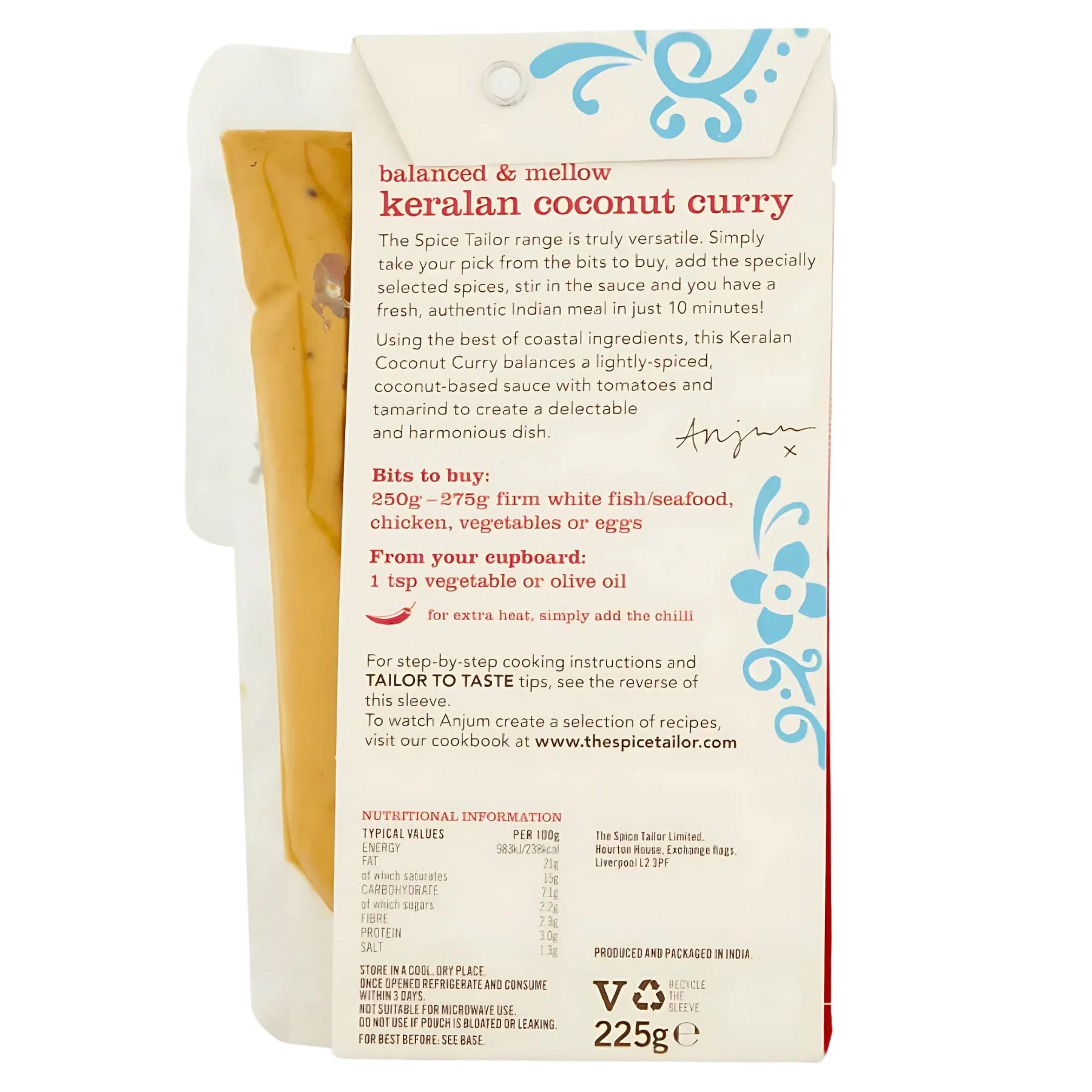 The image displays the back of a 225g Spice Tailor - Keralan Coconut Curry Kit (Serves 2-3) packet, highlighting its product description, cooking tips, and nutritional info—ideal for making authentic homemade Indian curry.