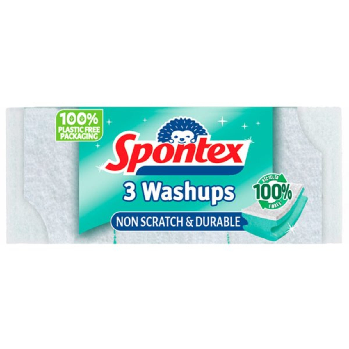 The Spontex - 3 Washups Non Scratch & Durable Scourers come in a package featuring green-blue accents and a cartoon hedgehog. These washing-up sponges by Spontex are non-scratch, durable, and made from 100% plastic-free materials.
