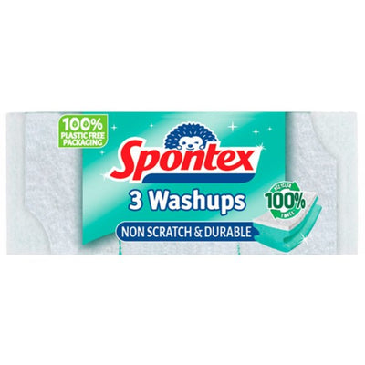 The Spontex - 3 Washups Non Scratch & Durable Scourers come in a package featuring green-blue accents and a cartoon hedgehog. These washing-up sponges by Spontex are non-scratch, durable, and made from 100% plastic-free materials.