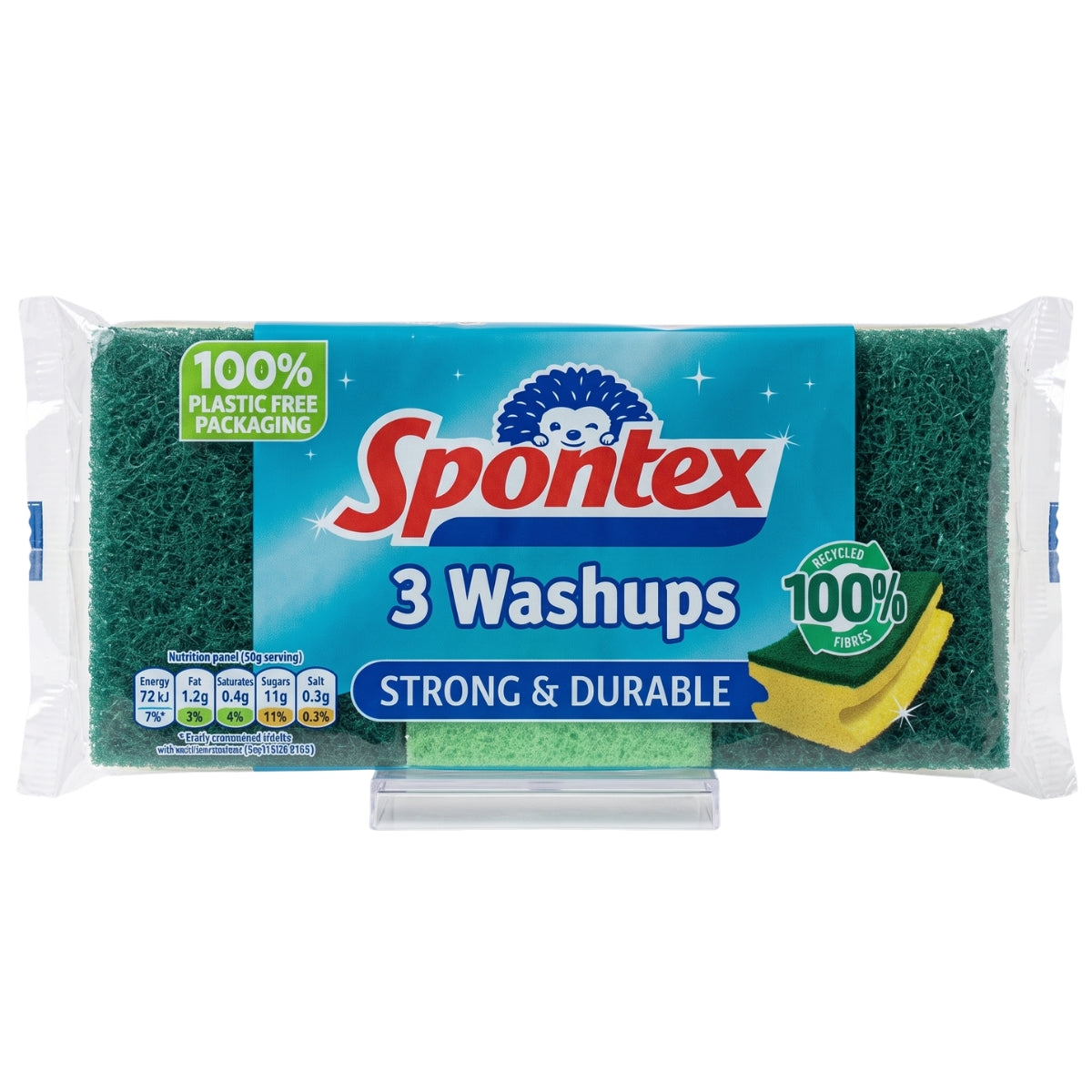 A pack of Spontex - 3 Washups Sponge Scourers from Spontex, featuring plastic-free packaging and a green and yellow sponge image on the front, labeled “Strong & Durable” and “100% fibres.”.