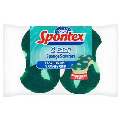 Spontex Easy Sponge Scourers 2 Pack: green and yellow non-scratch sponges with ergonomic shape for kitchen cleaning. Easy to rinse and comfy grip.