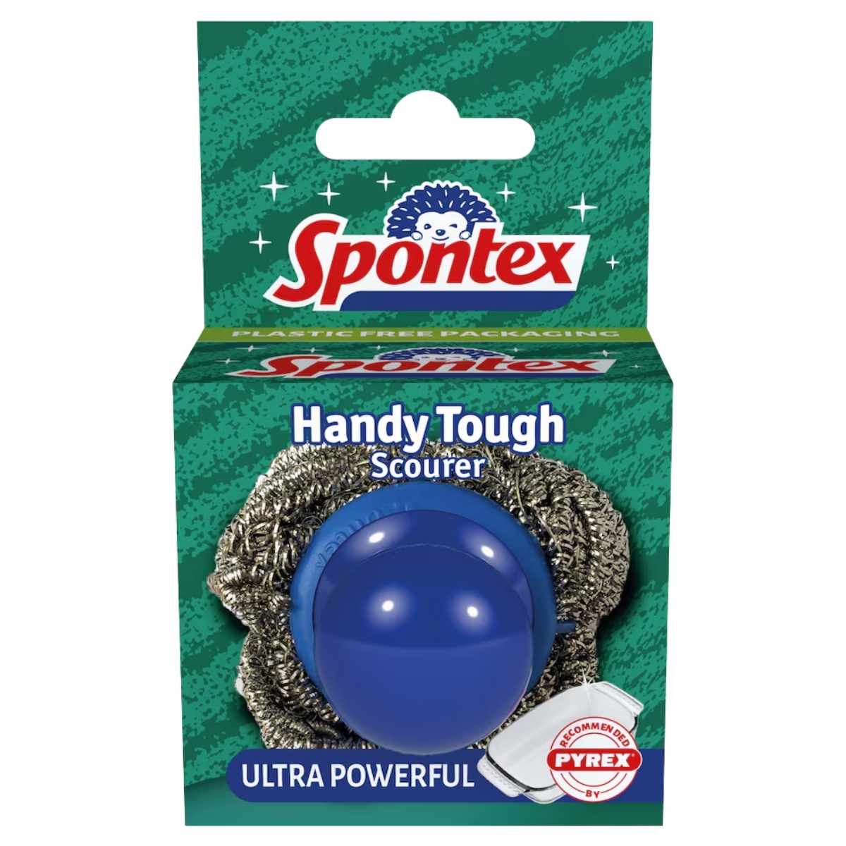 Spontex Handy Tough Scourer – 1 Pc features a metal scrubber with a blue handle, ideal for tough oven cleaning and labeled "Ultra Powerful." Recommended by Pyrex.