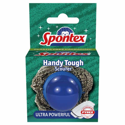 Spontex Handy Tough Scourer – 1 Pc features a metal scrubber with a blue handle, ideal for tough oven cleaning and labeled "Ultra Powerful." Recommended by Pyrex.