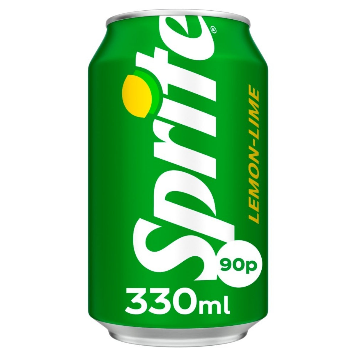 A 330ml can of Sprite by Sprite, featuring a green background with bold white lettering and a yellow lemon graphic, priced at 90p—perfect for satisfying your thirst for something refreshing.