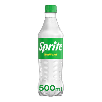 A 500ml bottle of Sprite - Lemon Lime delivers classic bubbly refreshment with crisp lemon and lime flavors in a clear plastic bottle, featuring a green label and cap.