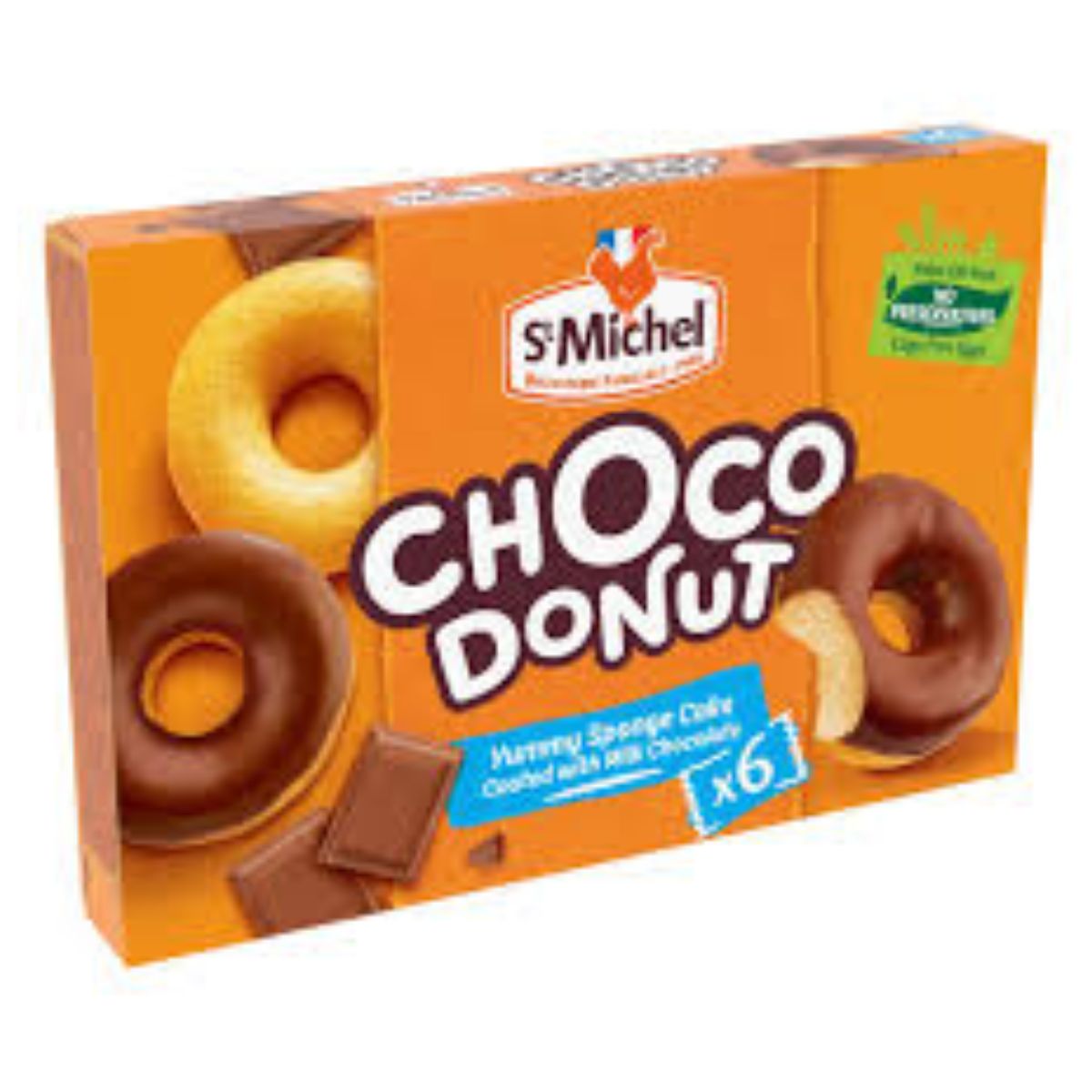 A box of St Michel - Doonuts Chocolate Coated - 6pcs, featuring six chocolate-coated sponge donuts, with the "palm oil free" label visible.