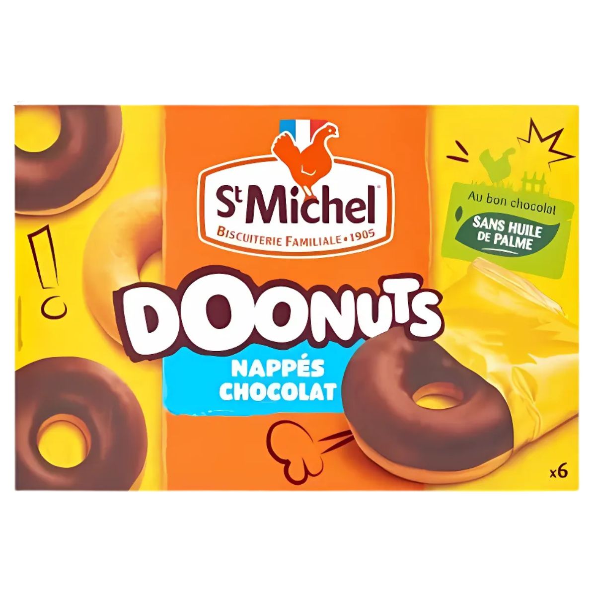 The bright yellow box of St Michel - Doonuts Chocolate Coated - 6x30g highlights six indulgent treats, with a donut illustration, an exclamation mark, and a note stating they contain no palm oil.