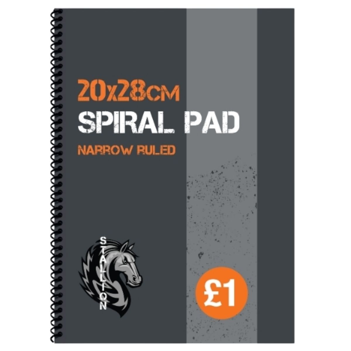 The Stallion - 8mm Ruled Spiral Pad (20 x 28cm) by stallion features a gray and black cover with a horse logo and £1 price tag. Ideal for work or study, its ruled lines keep your notes neat and organized.