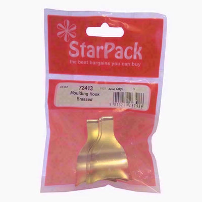 A sealed package containing three brassed moulding hooks labeled "Star Pack - Brassed Moulding Hook - Pack of 3" by Star Pack.