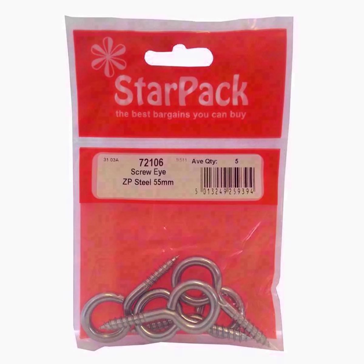 A package of Star Pack - Screw Eye Steel with product code and specifications displayed.