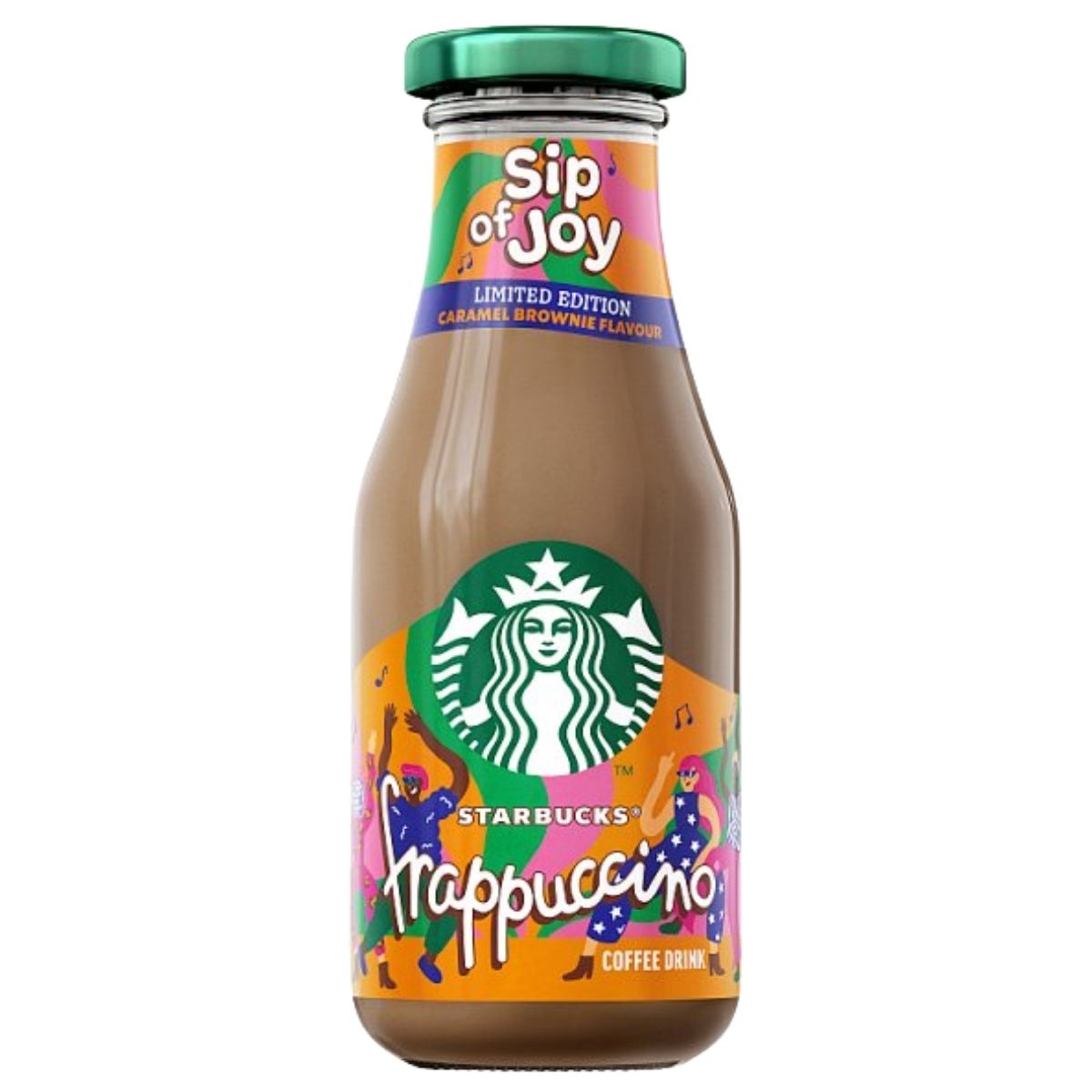 Starbucks Frappuccino bottle with colorful label on a white background