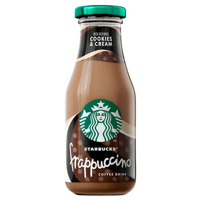 Starbucks Frappuccino Cookies & Cream Iced Coffee 250ml is a delicious bottled coffee drink with a green cap, ideal for enjoying a creamy, chilled treat anytime.