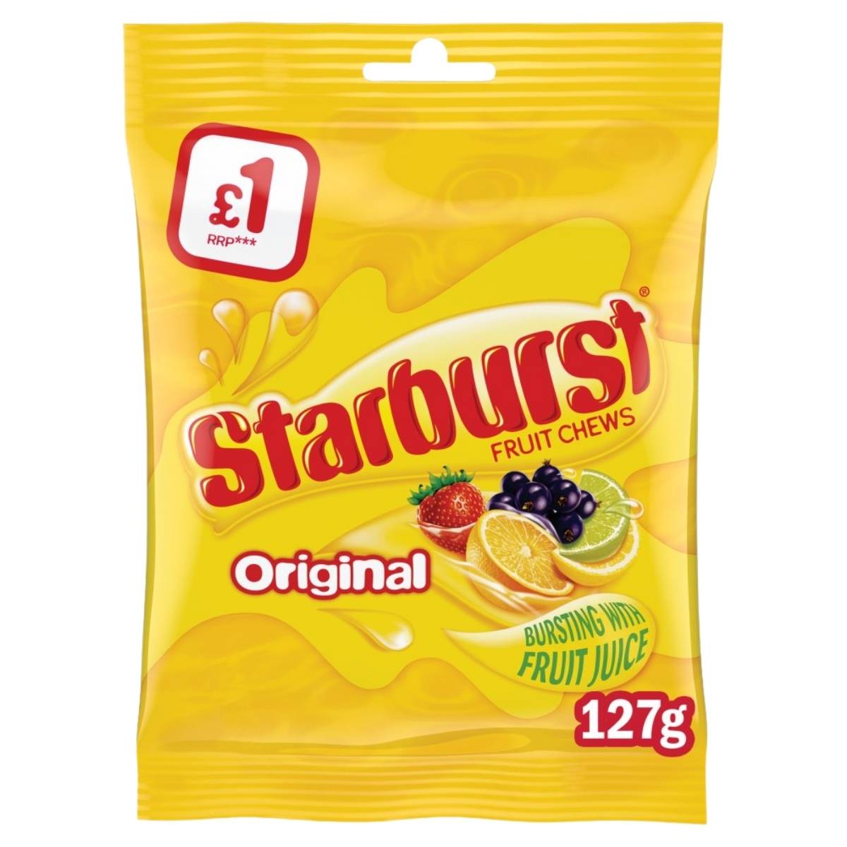 Starburst fruit chews packaging with yellow background