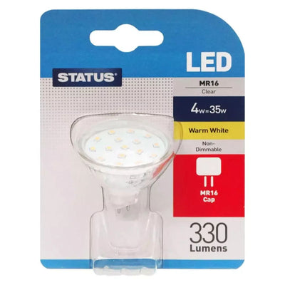 A Status 35W MR16 Dichroic Halogen Bulb in packaging, warm white, non-dimmable, with MR16 cap.