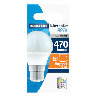 Status - 40W Large Bayonet Cap Light Bulb by Status: 5.5W LED (40W equivalent), 470 lumens, round pearl bulb with BC/B22 bayonet cap, LED symbol on white and blue packaging.