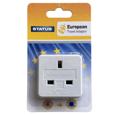 Status - European Travel (UK to EU) Adaptor White in retail blister packaging.