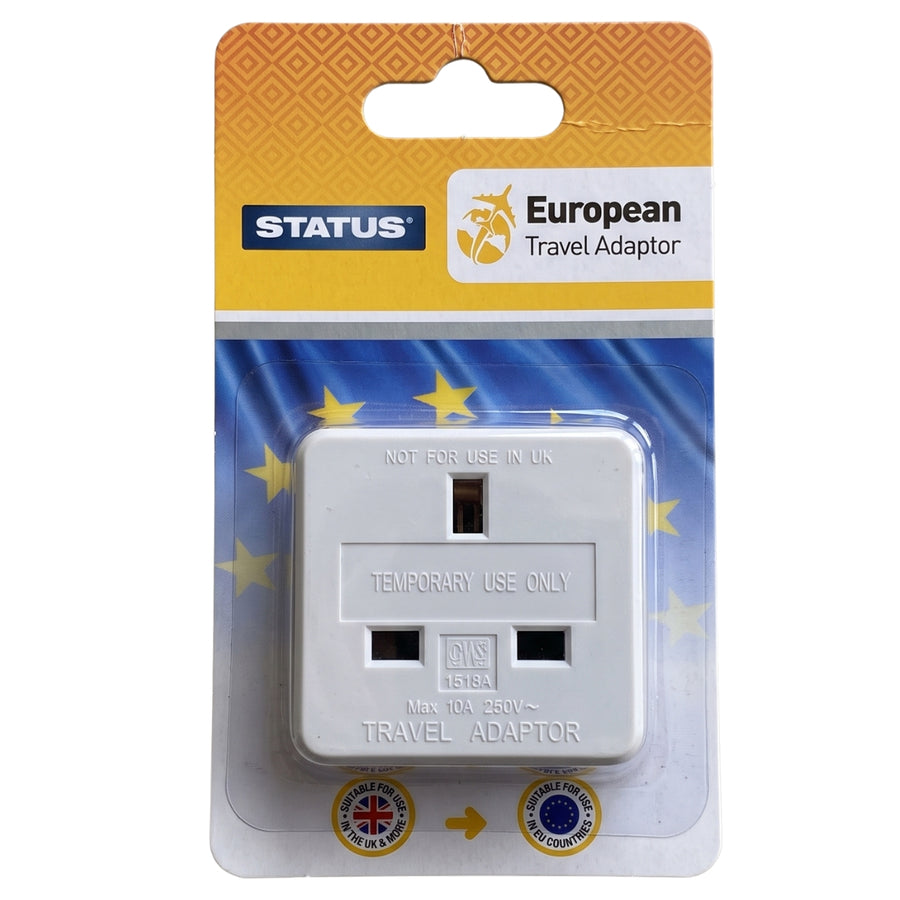 Status - European Travel (UK to EU) Adaptor White in retail blister packaging.
