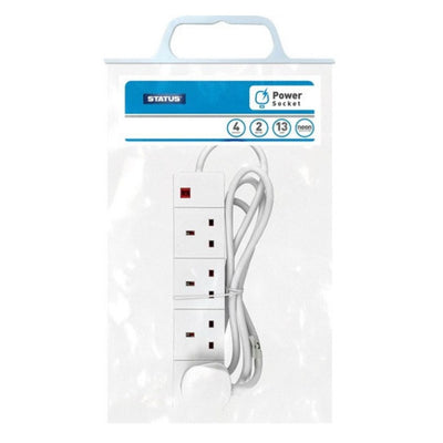 The Status Extension Socket 4Way - 2m offers four white sockets and a long cord, packed in a clear plastic bag with a blue and white label—a versatile power solution for your home or office.
