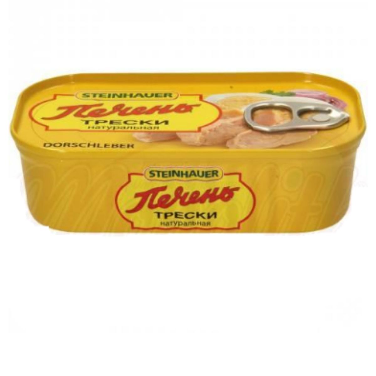 A yellow tin labeled "Steinhauer," containing 120g of cod liver in natural oil, with a pull-tab on top.