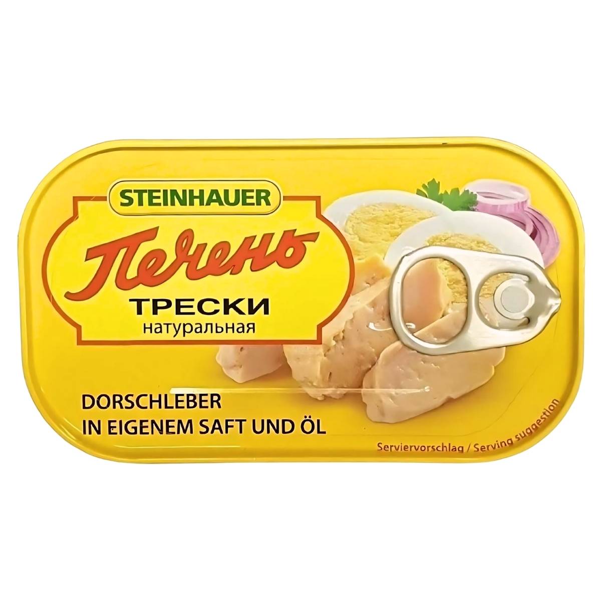 A Steinhauer tin of cod liver in natural oil features a yellow label with images of cod liver pieces, onion slices, and herbs. Cyrillic and German text accentuates the health benefits it offers.