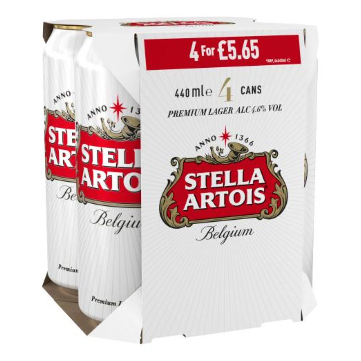 Four cans of Stella Artois - Premium Lager (4.6% ABV) - 4 x 440ml Belgium.