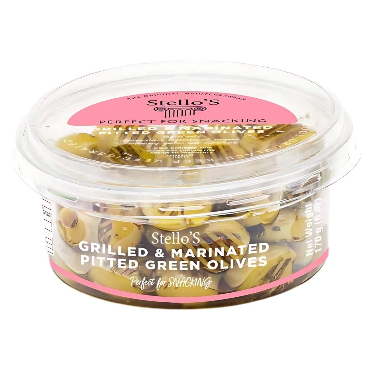 A pink-labeled container of Stello's Grilled & Marinated Pitted Green Olives, 170g offers a delightful tangy marinade, perfect for snacking.