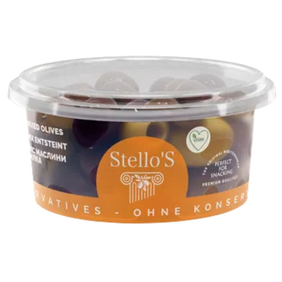 Container of Stello's olives with a clear lid on a white background