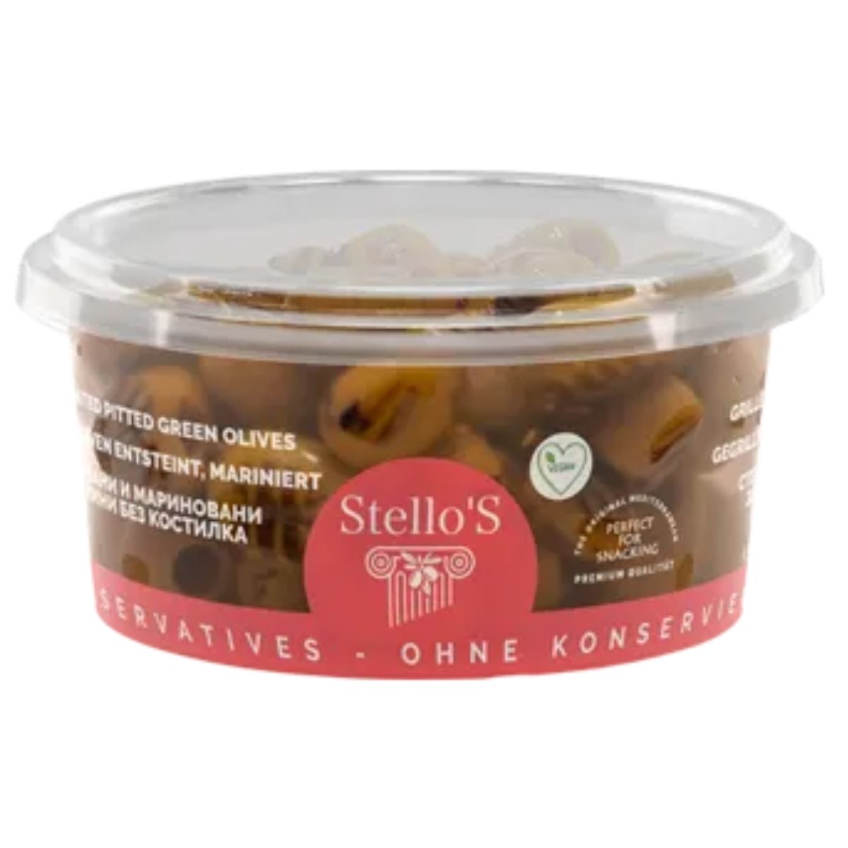 Container of Stello's pitted green olives on a white background